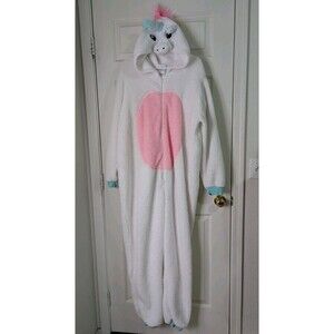 Unicorn Hoodie Jumpsuit Pajamas Womens 3X White Pink Sherpa Halloween Costume